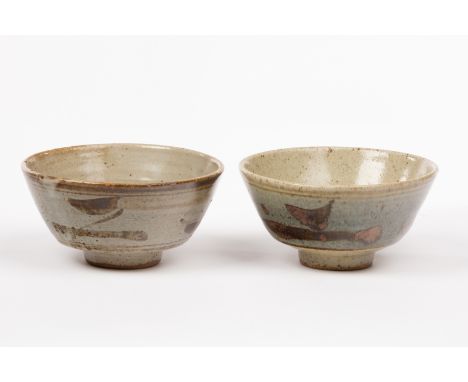 Two Leach Pottery stoneware footed bowls, Z pattern and bird on branch design, impressed marks, 14cm diameter [2]