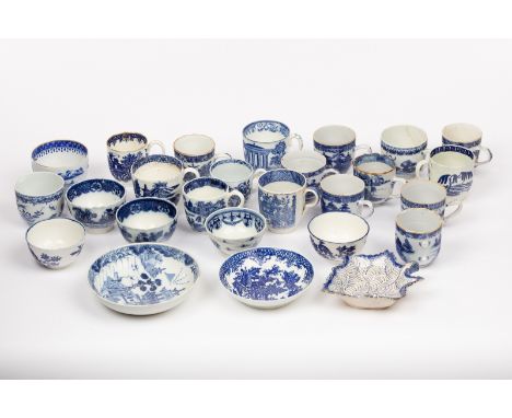 A group of English blue and white pearlware and porcelain teawares, late 18th/early 19th Century, to include a Liverpool Two 