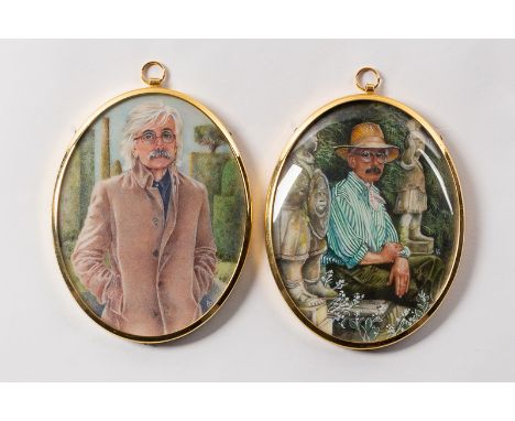 Pauline Denyer (Contemporary)/Portrait Miniatures of Sir Roy Strong/a pair/signed with initials and dated 97/watercolour on i