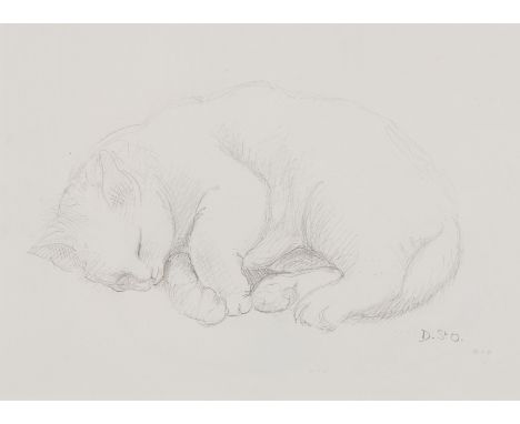 Denise, Lady St. Oswald/Sleeping Cat/initialled/pencil on paper, 15.5cm x 22cm and/Lizzie Richards/Violets/initialled/oil on 