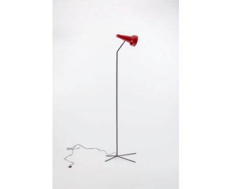 Manner of Bernard Schottlander/A 1950s floor lamp with adjustable red cone shaped shade, 158cm high, the shade 24cm long (req