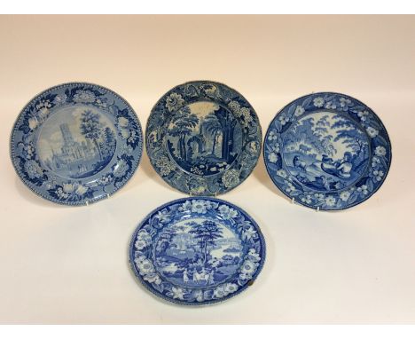 A Riley's stone china blue and white plate, transfer printed a country house in a landscape, 25.5cm diameter and three other 