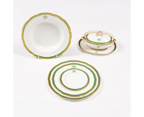 A Spode Copeland's dinner service for T Goode &amp; Sons of six place settings, decorated with green and gilt borders and ini