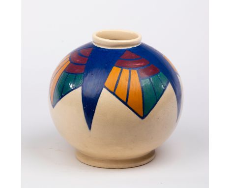 An Art Deco style vase, of globe form in cream glaze with coloured geometric patterns, indistinctly signed, 23cm high and a r