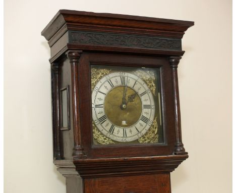 An early 18th Century oak 30-hour longcase clock, circa 1740, by Kingston Avery, Mere, the hood with blind fret frieze and tu