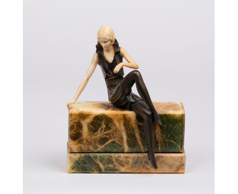 After Ferdinand Preiss/Girl on the Wall, an Art Deco style figure in mixed media, 23cm high overall, the base 17.5cm wide (da