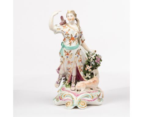 A large Derby figure of Diana, circa 1765, reaching for an arrow from a quiver slung on her back, wearing a flowered dress, h
