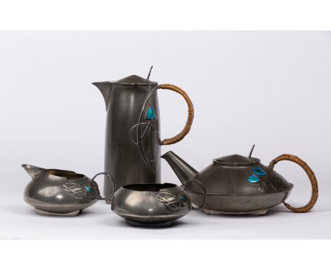 Archibald Knox (1864-1933) for Liberty & Co, London, a Tudric pewter and enamel four-piece tea and coffee set, designed 1903,