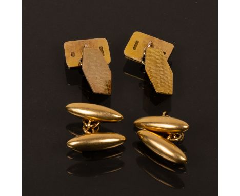 A pair of 9ct yellow gold cufflinks, the panels with engine turned decoration throughout, approximately 8gm and another pair 