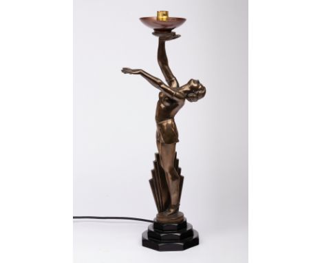 An Art Deco style figural lamp, the bronzed metal figure of a semi-clad girl holding aloft a disc light fitting (no shade), o