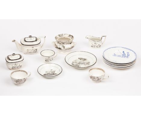 A child's Victorian pearlware part tea set, a sugar bowl, two cups and a saucer and five French nursery plates  CONDITION REP