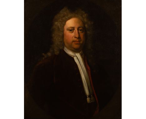 Follower of John Vanderbank (British 1694-1739)/Portrait of a Bewigged Gentleman/half-length, wearing a crimson coat and whit