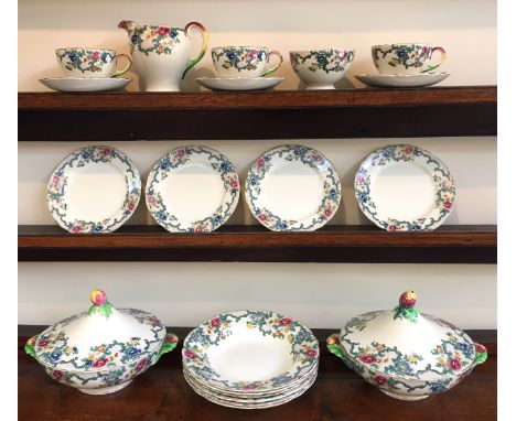 A matched part service of Royal Cauldon 'Flora Bunda' pattern and Booths 'Floradora' pattern pieces, to include two tureens, 