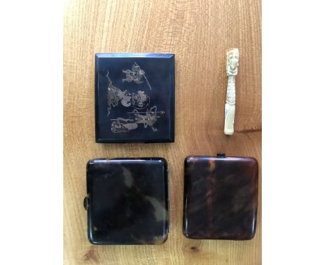 A Japanese mixed metal cigarette case, depicting various gods, signed, 9cm wide, two faux tortoiseshell cigarette cases and a