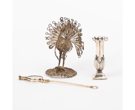 A pair of gilt metal pince-nez with ring handle, a filigree posy holder in the form of a peacock and a silver posy vase Prove