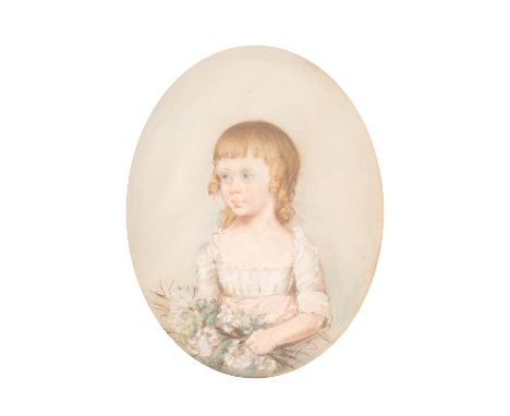 English School, early 19th Century/Portrait of a Child/half-length seated, holding an arrangement of blossom/pastel/oval, 25c