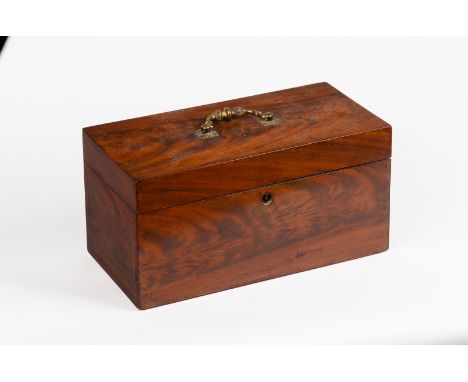 A George III mahogany tea caddy with brass handle to the cover, the interior fitted two lidded compartments (bowl missing), 3