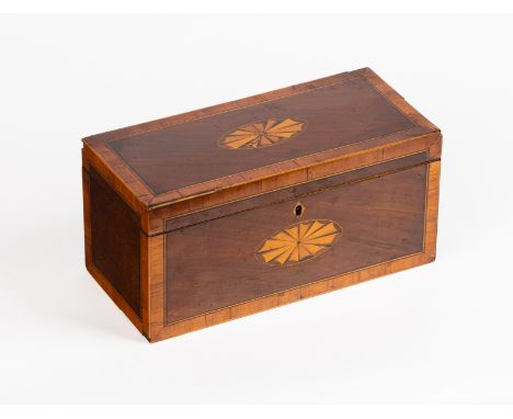 A George III mahogany tea caddy, banded in satinwood and inlaid batswing paterae, 28.5cm wide  Provenance: Property of Sir Ro