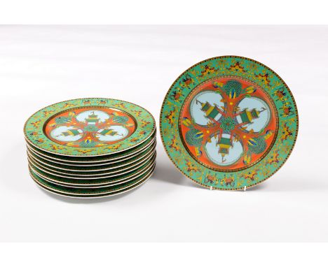 Eleven Rosenthal Versace Le Voyage de Marco Polo pattern dinner plates with kaleidoscope centre and border of ridden camels o