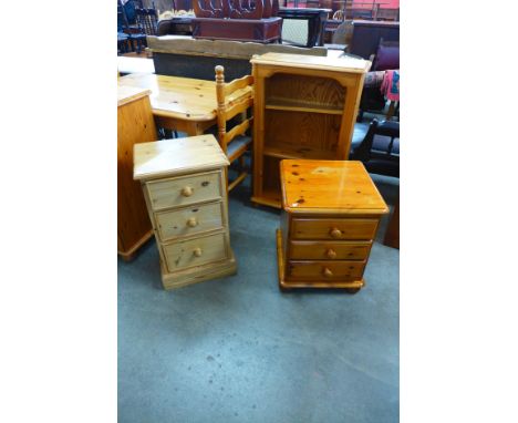 Two small pine chest of drawers and a pine open bookcase 