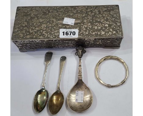 An antimony decorative jewellery box containing a 1900 Birmingham silver anointing spoon, a Chinese white metal bangle, etc.