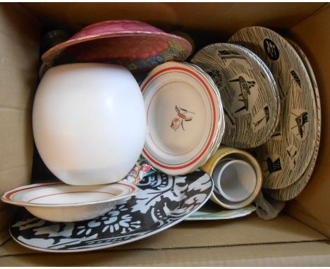 A box containing a quantity of ceramics including Homemaker plates, Maling bowl, etc.