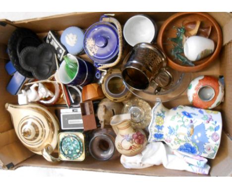 A box containing a quantity of ceramics including Arthur Wood 'Aladdin' teapot, Wedgwood black Jasper trinket box, etc.