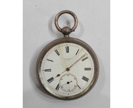A silver cased J.W. Benson pocket watch with seconds dial and back wind English lever movement