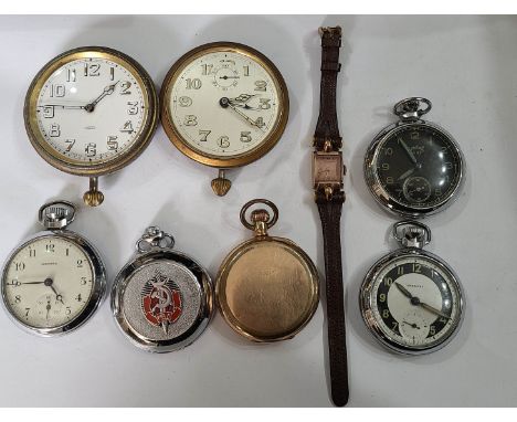 A box containing five assorted pocket watches, two travelling clock movements and a goldtone cased lady's mechanical wristwat