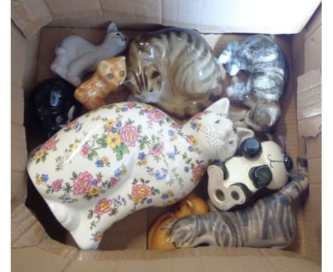 A box containing a quantity of ceramic cat figurines including Winstanley, Moorside Design, Just Cats &amp; Co., etc.