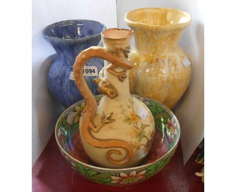 A quantity of ceramics comprising Continental porcelain dragon handled vase, Maling Pottery bowl and two Art Pottery vases wi