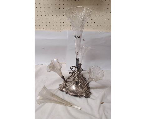 A silver plated table epergne, set on trefoil base - two associated trumpet vases
