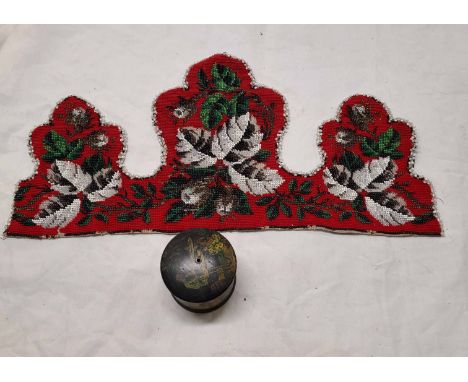 A Victorian floral beadwork pelmet - sold with a papier-mâché chinoiserie decorated string box