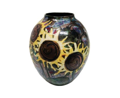 A large Dartington Studio Pottery vase of rounded form decorated in the 'Sunflower' pattern from a design by Janice Tchelenko