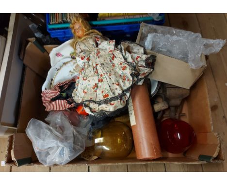 A box containing a quantity of assorted collectable items including two vintage dolls, a meat mincer and a Bandmaster harmoni