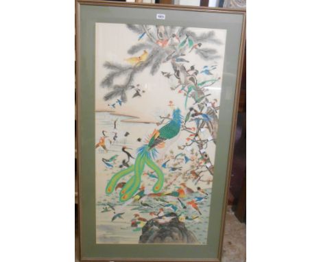 A large framed Chinese reproduction painting of 'Hundred Birds Paying Homage to the Pheonix'