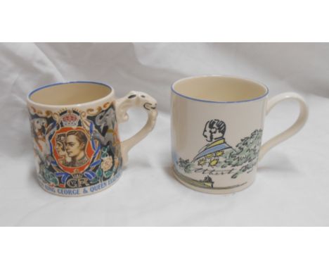 A Burleigh Ware 1937 George VI commemorative mug from a design by Dame Laura Knight - sold with a Wedgwood mug made in 1984 t