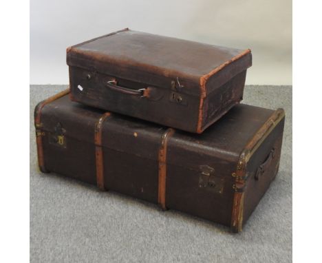 A wooden bound trunk, 91cm, together with a leather suitcase and two ladies dress hats