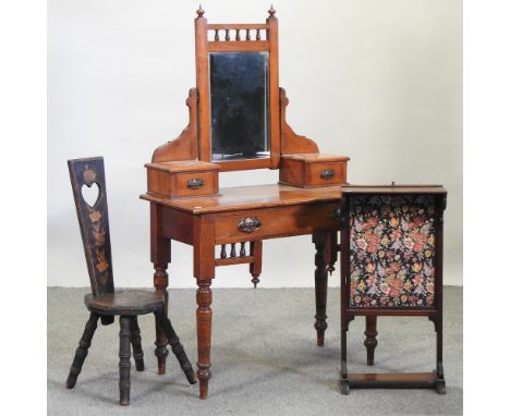 A fire screen, together with a 19th century poker work spinner's chair, a dressing chest and a stand, made from a tree trunk 