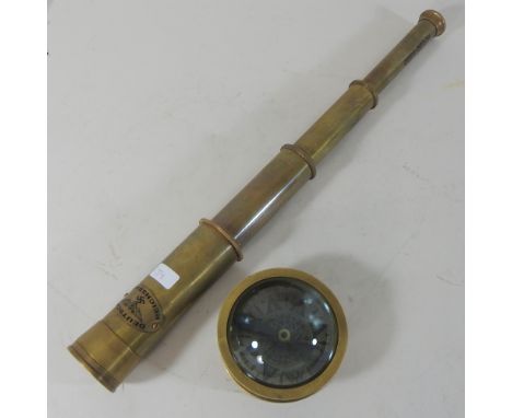 A brass cased reproduction compass/magnifier, together with a telescope, 23cm