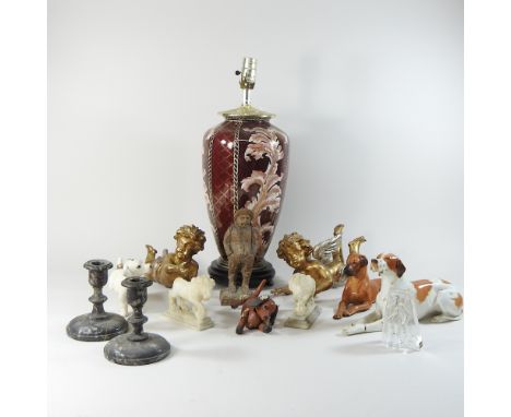 A pottery table lamp, 52cm high, together with a pair of gilt cherubs and various animal figures