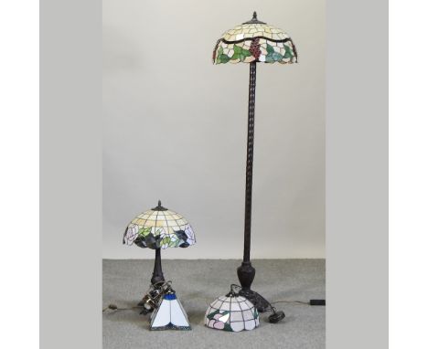 A Tiffany style standard lamp, together with a similar table lamp and two ceiling pendants