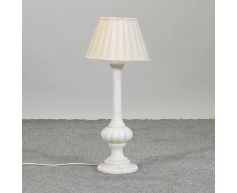 A white marble table lamp and shade, 74cm high overall