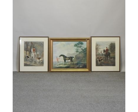 After E A S Douglas, Morning, coloured engraving, 50 x 39cm, together with the companion, Evening, a pair, and a George Stubb