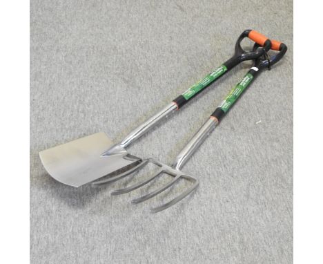 A stainless steel garden fork and spade set