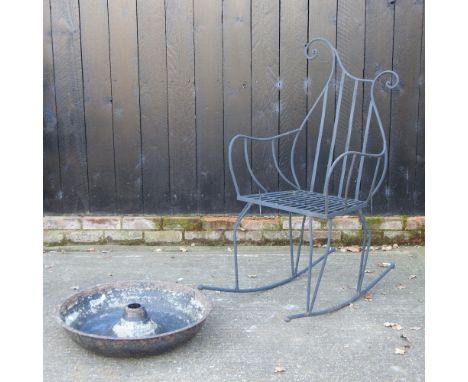 A metal garden rocking chair, together with a cast iron pig trough, 63cm 