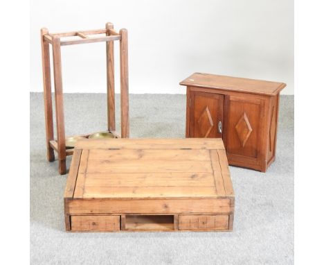 A hardwood cabinet, 53cm, together with an oak stick stand and a pine desk