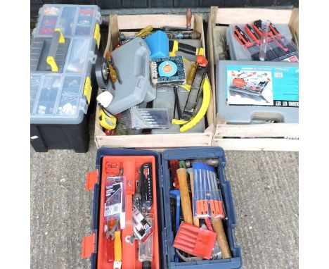 A collection of various tools, together with a wooden steps