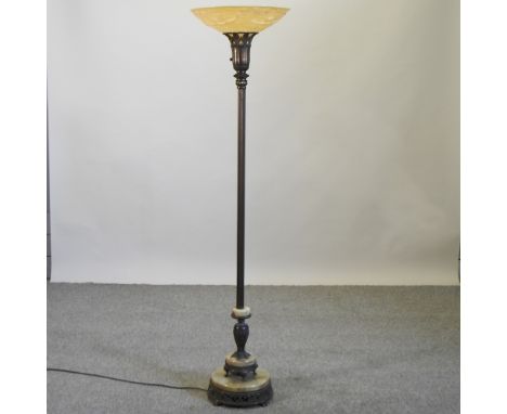 An Art Deco standard lamp, with a glass shade decorated with mermaids, on a marble base, 167cm high