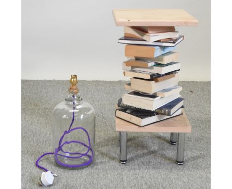 A vintage style side table, made from books, 30cm, together with a vintage style glass table lamp